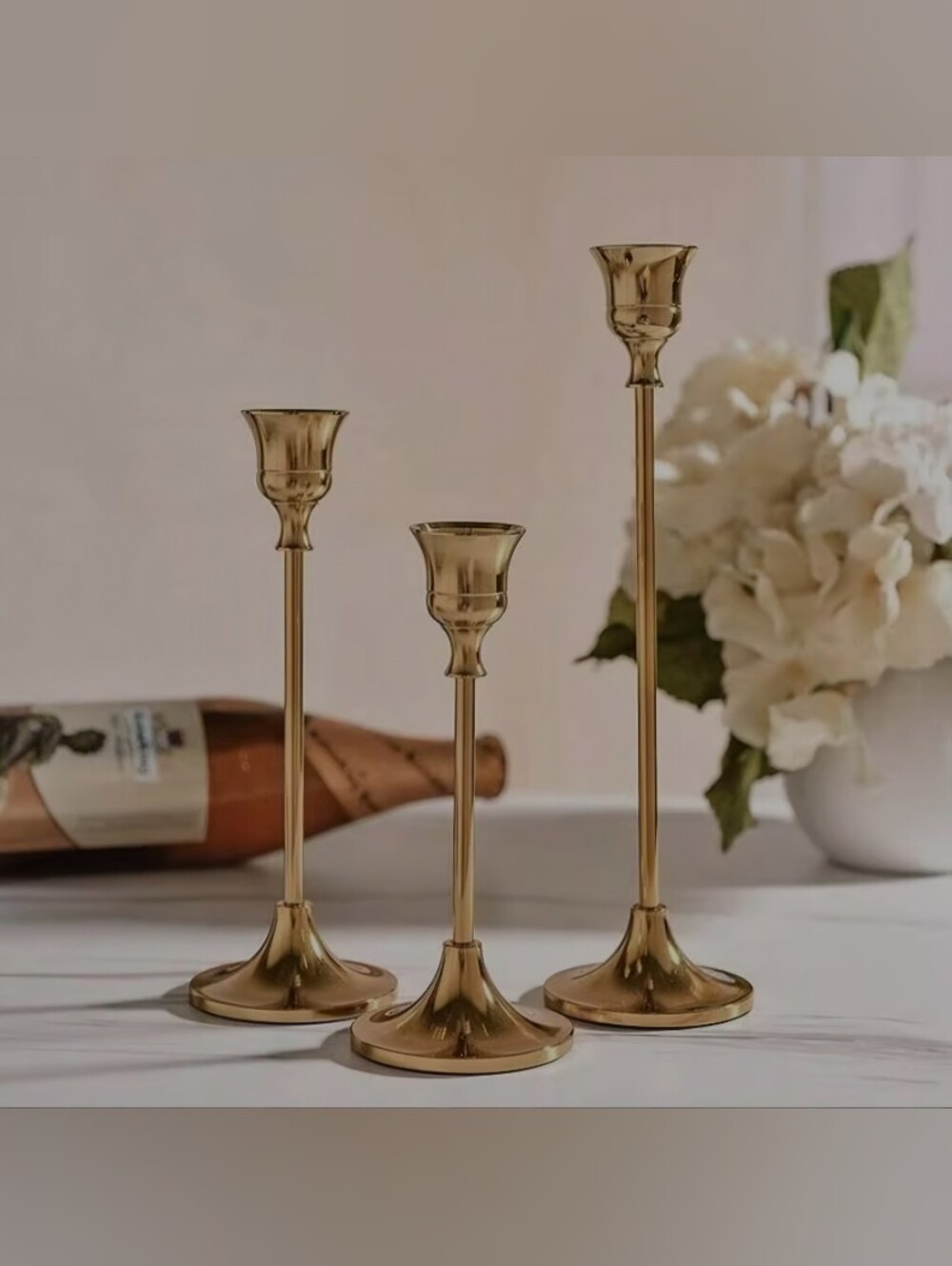 Vintage Gold Metal Tapered Candle Holders 3 Pcs Set